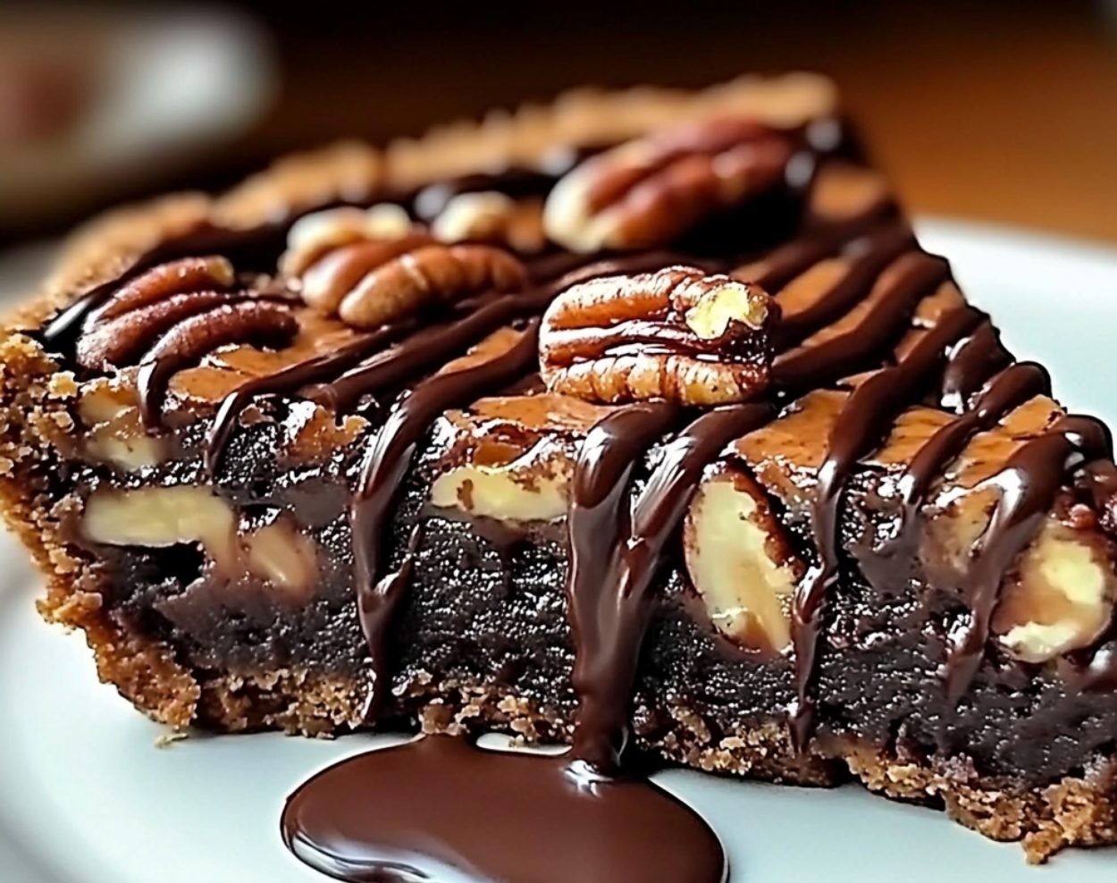 Gooey Brownie Pecan Pie slice with rich chocolate and crunchy pecans