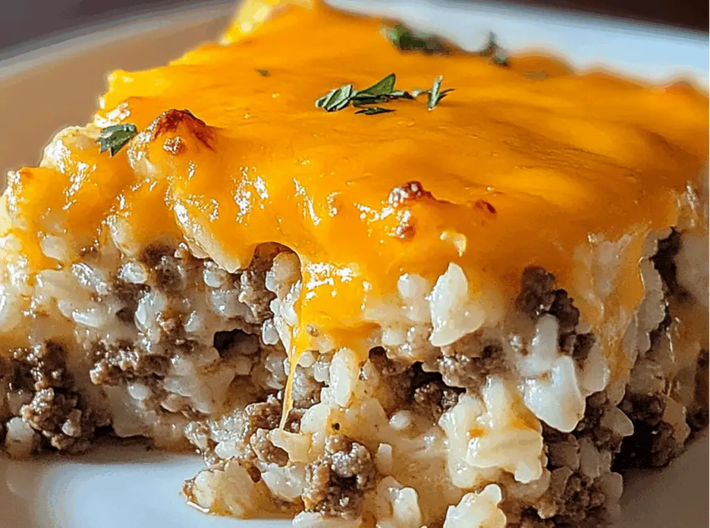 Cheesy ground beef rice casserole in a baking dish with melted cheddar cheese and parsley garnish