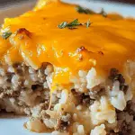 Cheesy ground beef rice casserole in a baking dish with melted cheddar cheese and parsley garnish