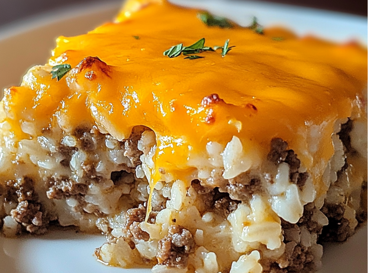 Cheesy ground beef rice casserole in a baking dish with melted cheddar cheese and parsley garnish