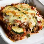 Ground Beef Zucchini Casserole with melted mozzarella cheese in a baking dish, layered with zucchini slices and savory tomato beef sauce.