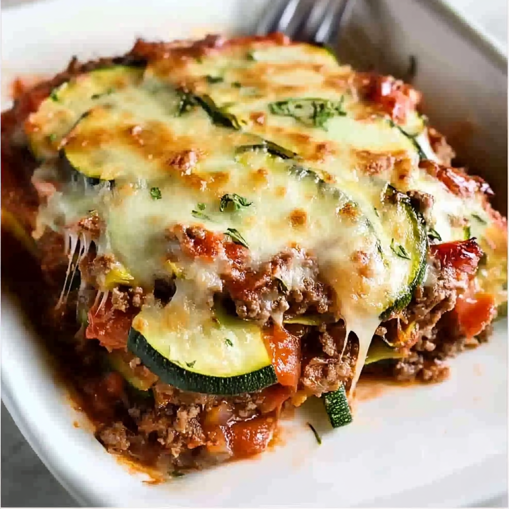 Ground Beef Zucchini Casserole with melted mozzarella cheese in a baking dish, layered with zucchini slices and savory tomato beef sauce.