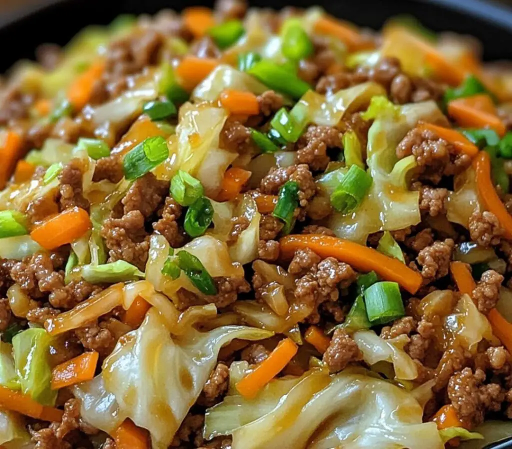 Healthy Chinese Ground Beef and Cabbage Stir Fry served in a skillet with chopped green onions and rice on the side