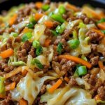 Healthy Chinese Ground Beef and Cabbage Stir Fry served in a skillet with chopped green onions and rice on the side