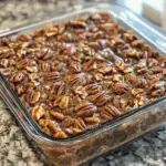 Lazy Girl Pecan Pie Bars in a glass baking dish with pecans on top