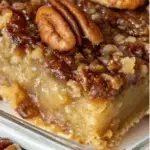 Easy Pecan Pie Dump Cake with golden crust, gooey pecan filling, and vanilla ice cream on top in a white dish
