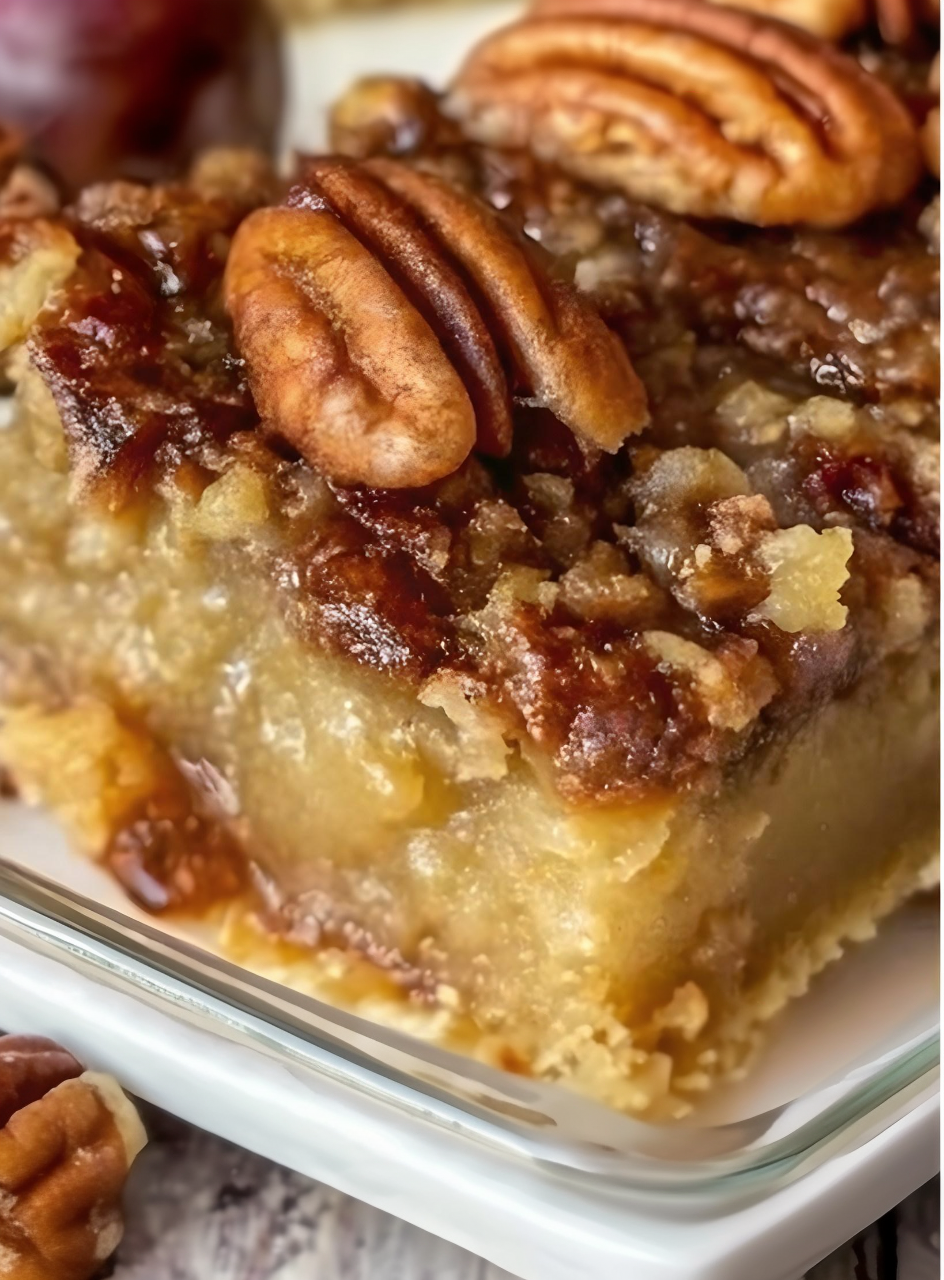 Easy Pecan Pie Dump Cake with golden crust, gooey pecan filling, and vanilla ice cream on top in a white dish