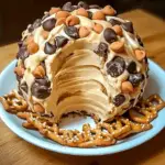 Close-up of a Reese’s Cheese Ball coated with mini Reese’s Pieces, chocolate chips, and crushed peanut butter cups, surrounded by graham crackers and pretzels.