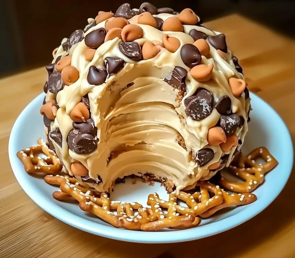 Close-up of a Reese’s Cheese Ball coated with mini Reese’s Pieces, chocolate chips, and crushed peanut butter cups, surrounded by graham crackers and pretzels.