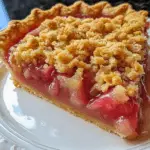 A close-up slice of rhubarb crumble pie showing golden crumble topping and juicy rhubarb filling