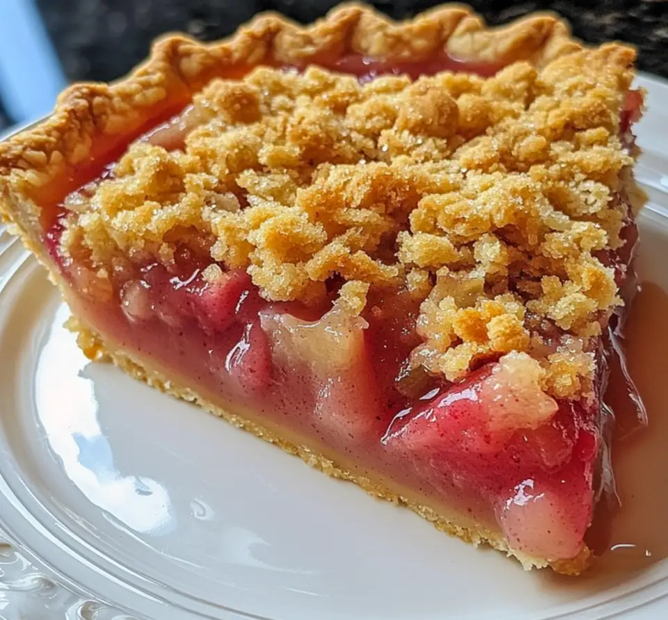 A close-up slice of rhubarb crumble pie showing golden crumble topping and juicy rhubarb filling