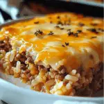 Cheddar-Crusted Ground Beef and Rice Casserole fresh from the oven