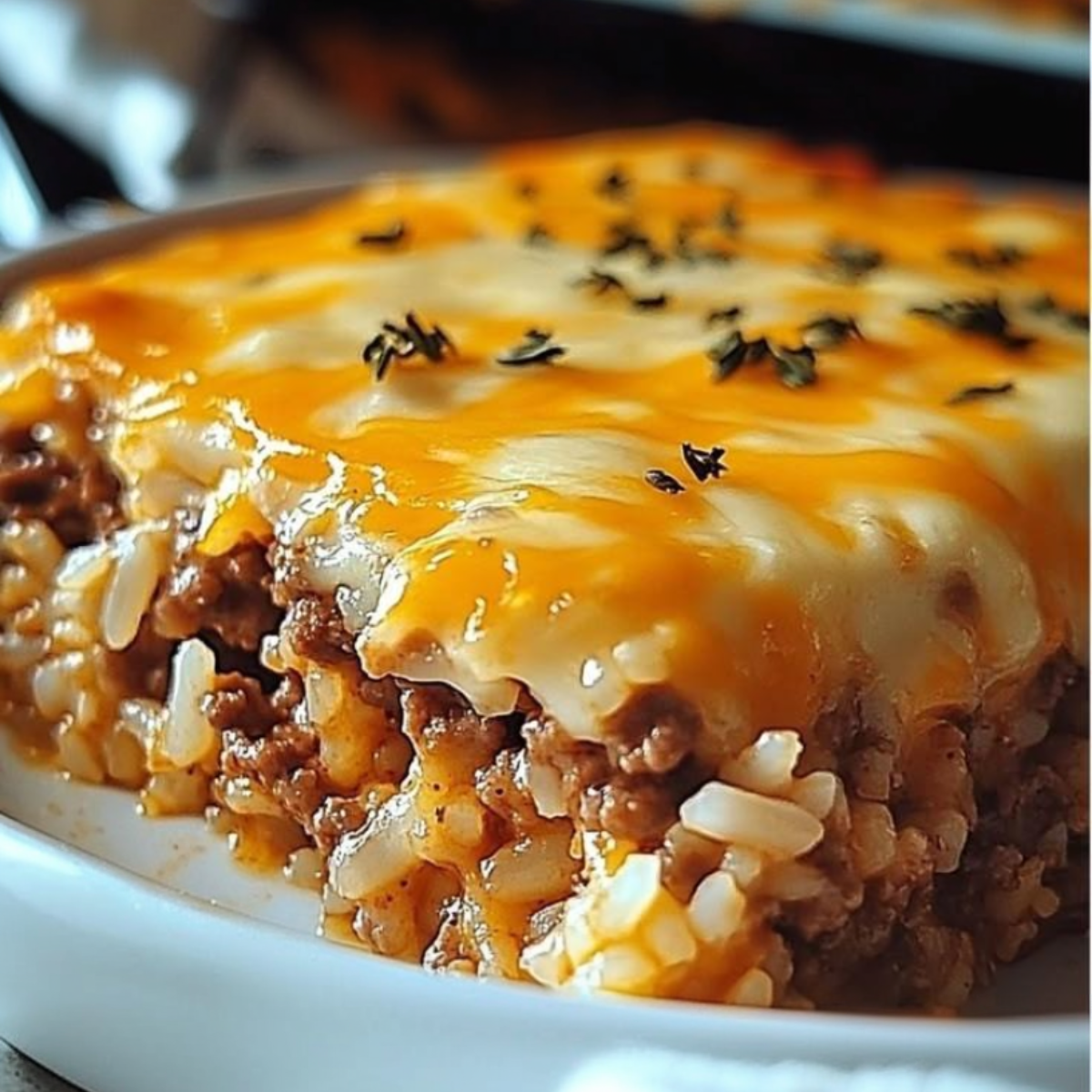 Cheddar-Crusted Ground Beef and Rice Casserole fresh from the oven