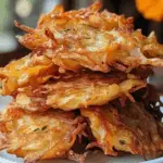 Crispy Amish Onion Fritters stacked on plate