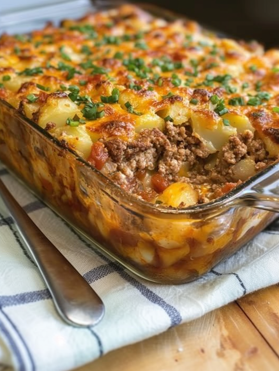 Cheesy loaded potato meatloaf casserole fresh from oven