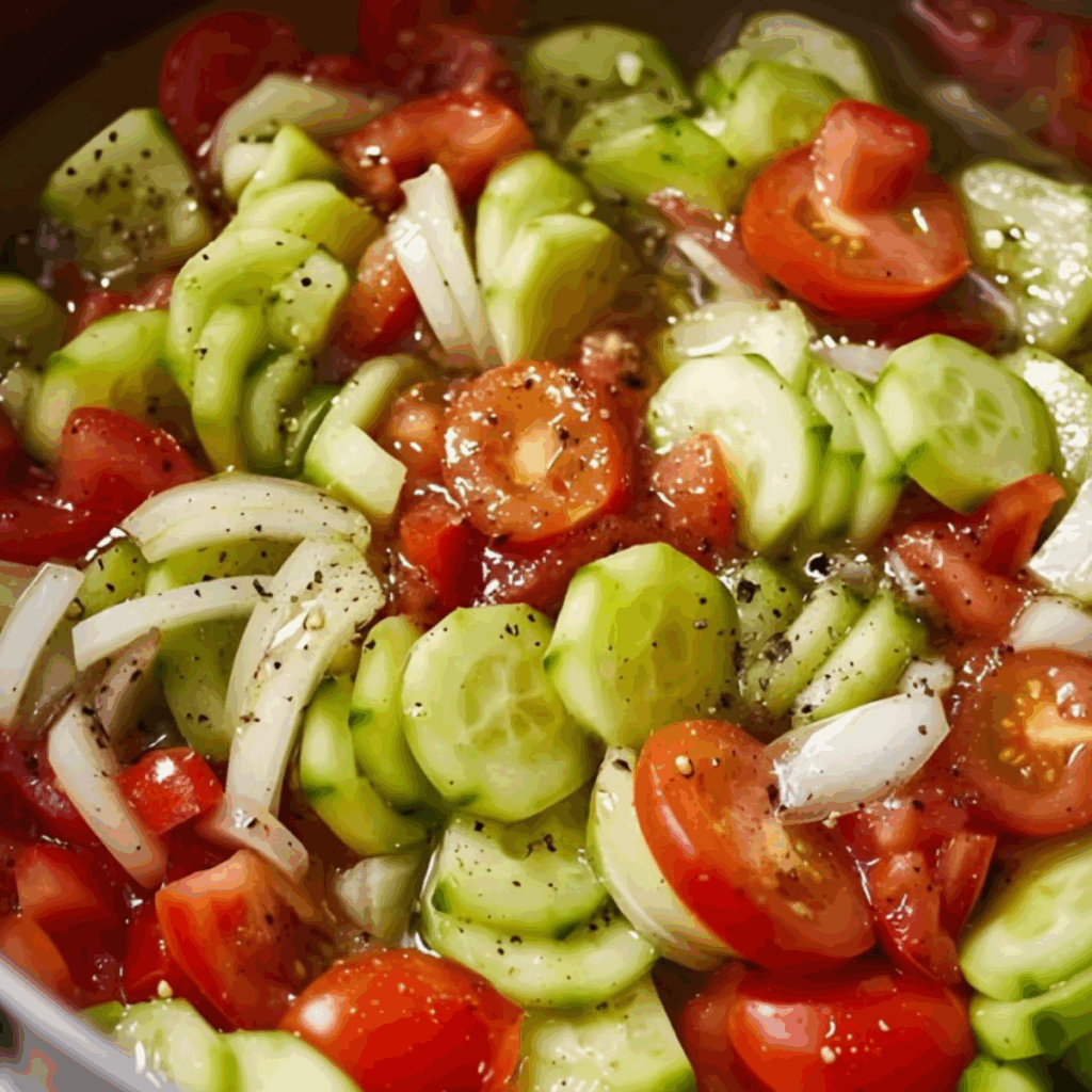 Marinated cucumber, onion and tomato salad served in a glass bowl