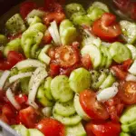 Marinated cucumber, onion and tomato salad served in a glass bowl