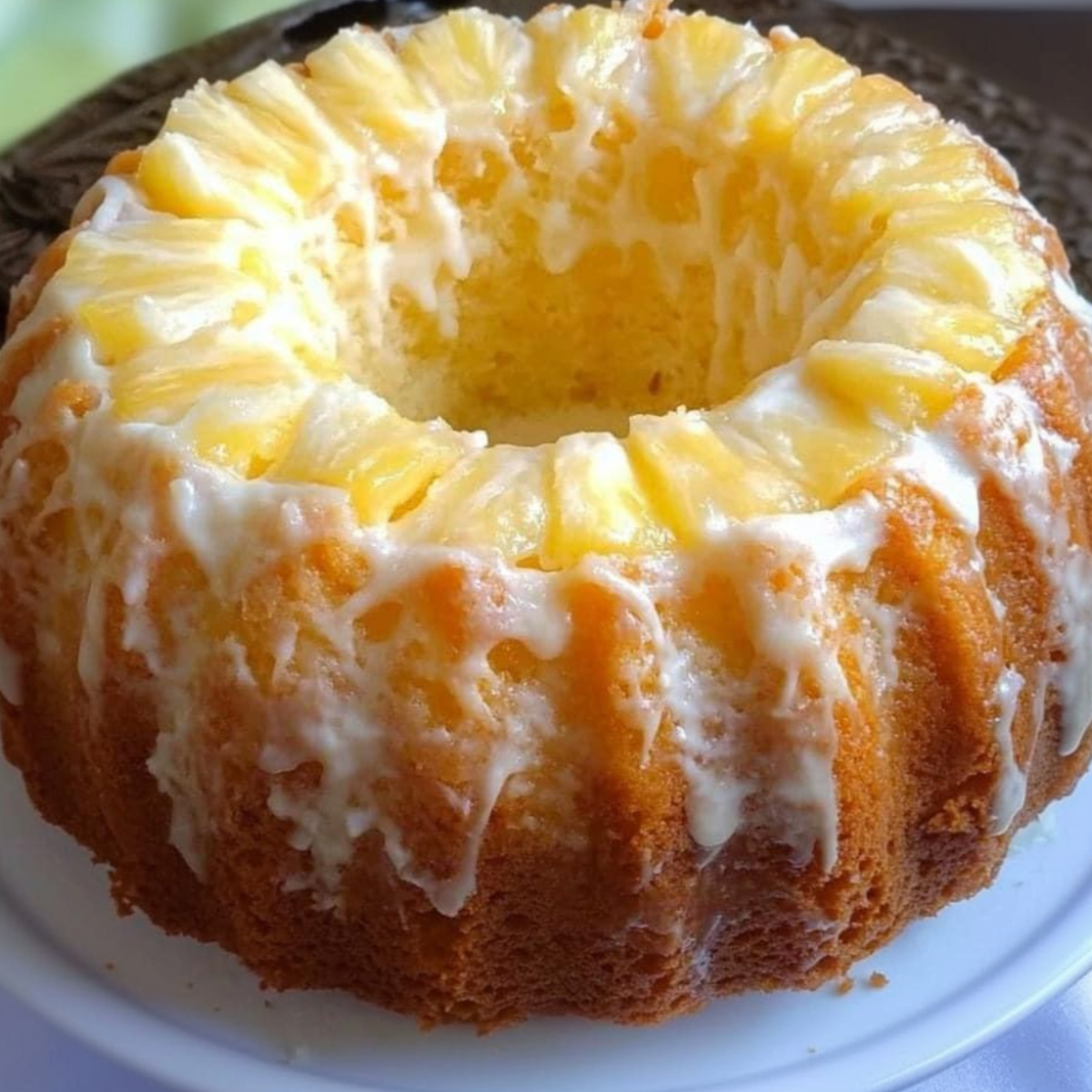 Freshly glazed Pineapple Cream Cheese Bundt Cake