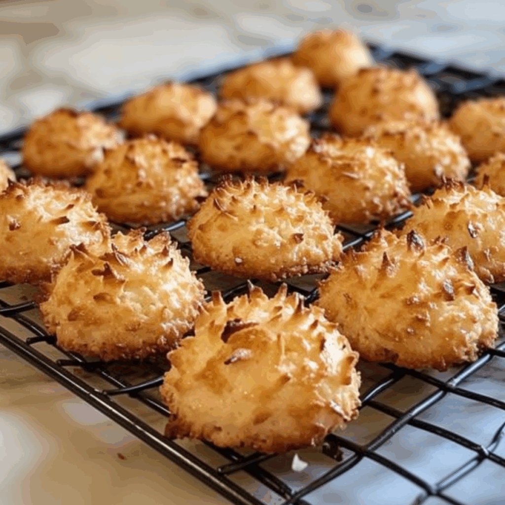 Chocolate-dipped coconut macaroons cooling on rack